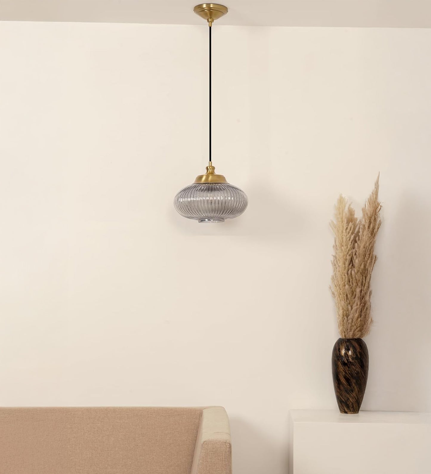 Ribbed Melon Grey Luster Glass Pendant