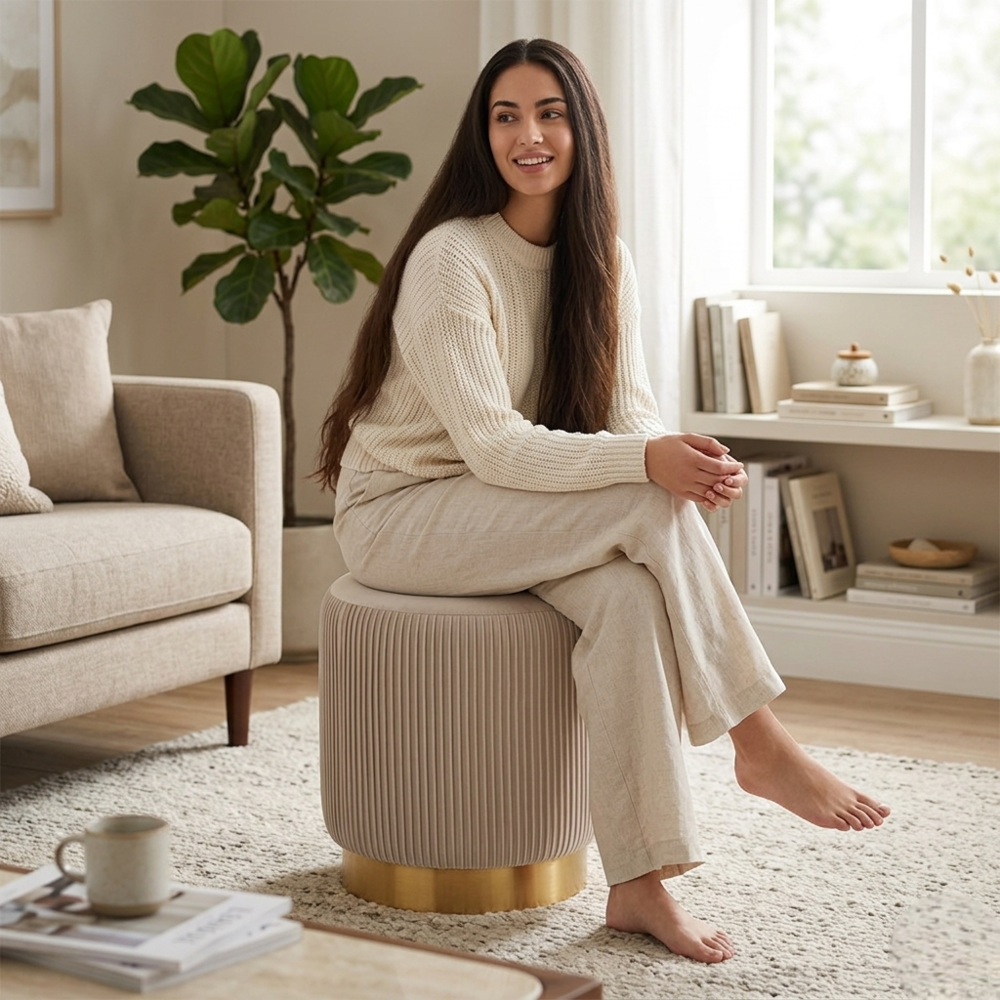 Damato Light Grey Round Ottoman - Gold Base