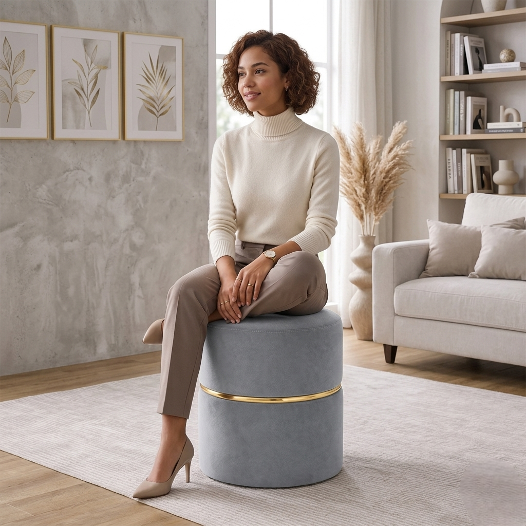 Gracy Grey Velvet Ottoman - Gold Band