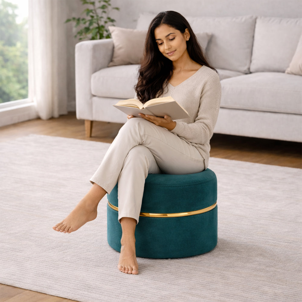 Gracy Teal Velvet Ottoman - Gold Band