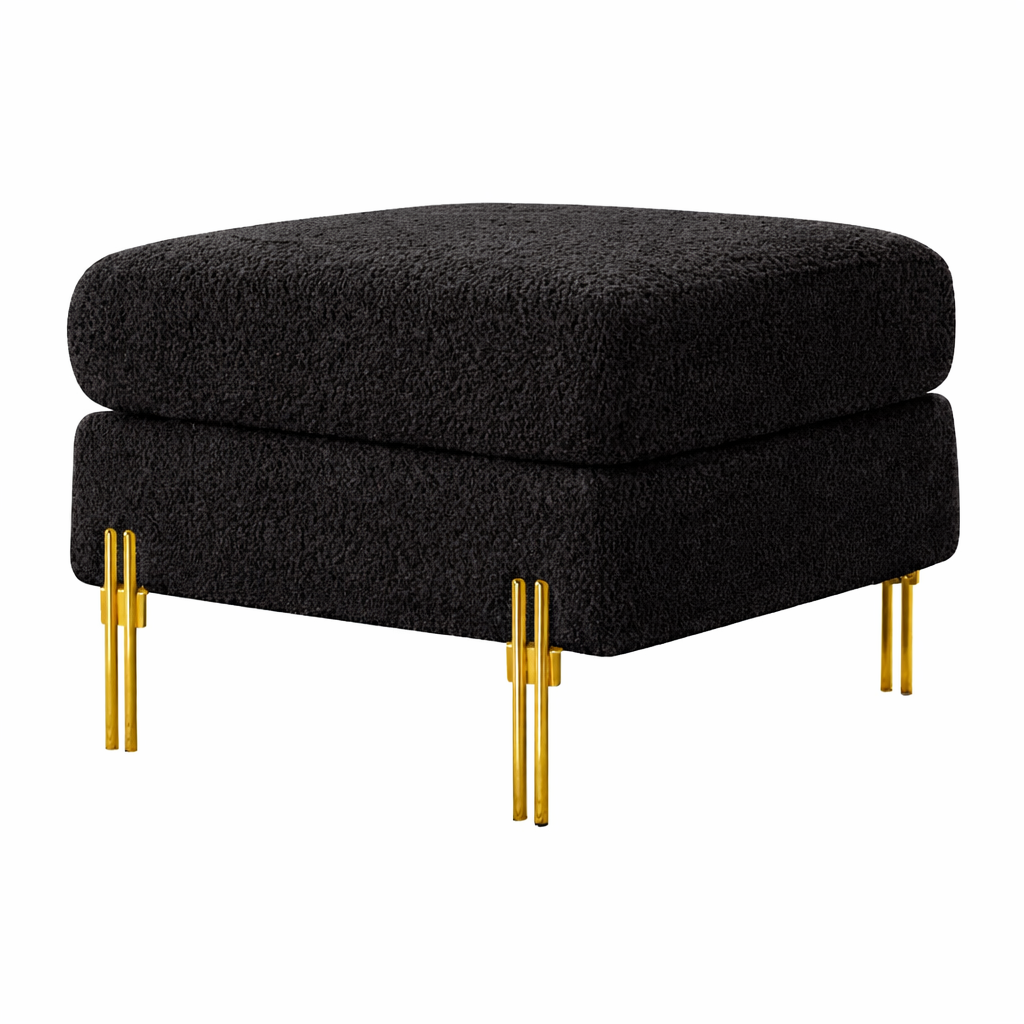 Luxe Black Bouclé Ottoman - Gold Legs
