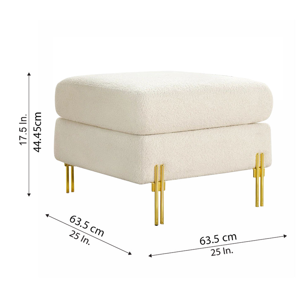 Luxe White Bouclé Ottoman - Gold Legs