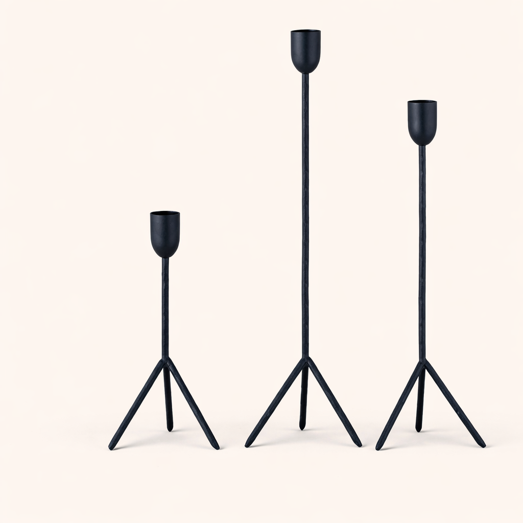 Obsidian Tripod Black Iron Candle Holders – Modern Taper Stand Set (Set of 3)
