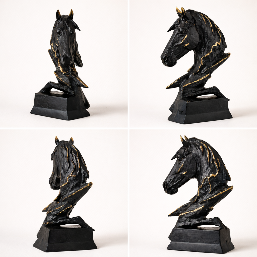 Noir Stallion Black Horse Head Sculpture – Modern Aluminum Tabletop Art Décor