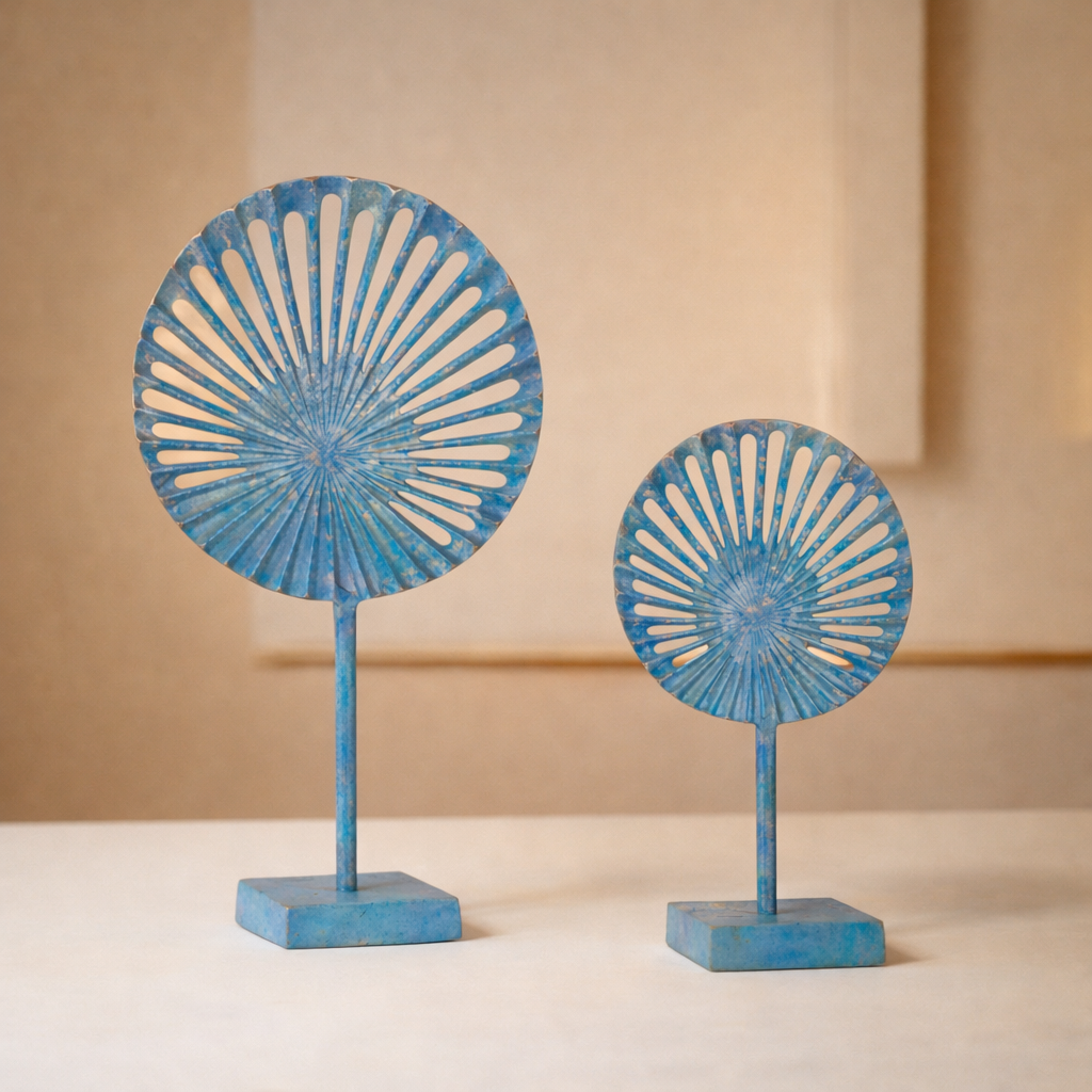 Ocean Mist Blue Sunburst Aluminum Sculpture – Modern Tabletop Decor (Set of 2)