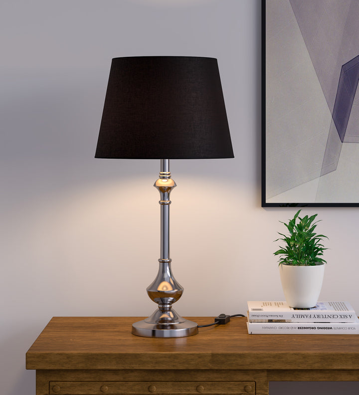 Nickel Silver Finish Aluminium Table Lamp 22 Inches Height with Black 10 inches Diameter Lampshade