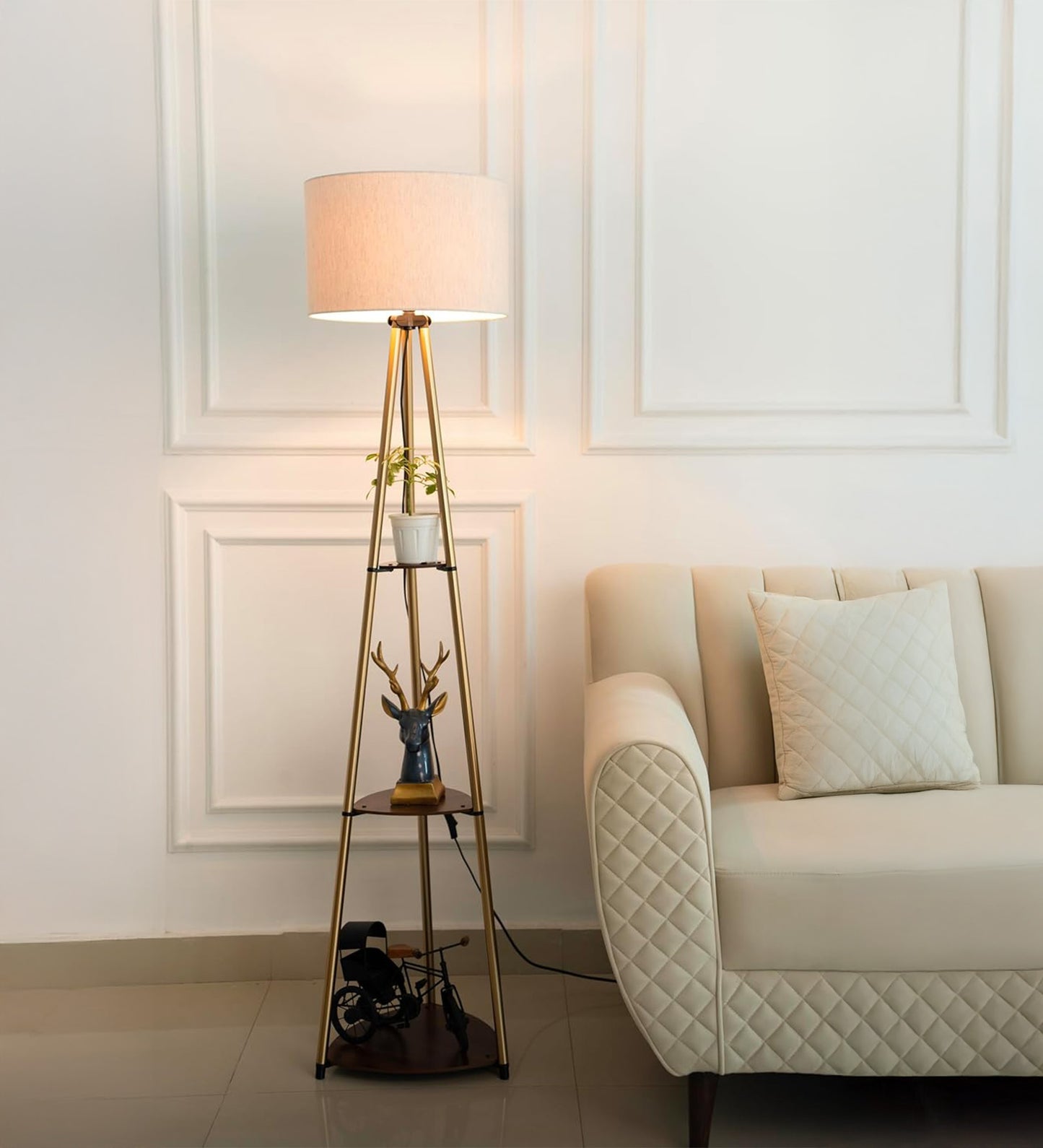Antique Brass 3-Shelf Floor Lamp (5 ft) – 14″ Shade