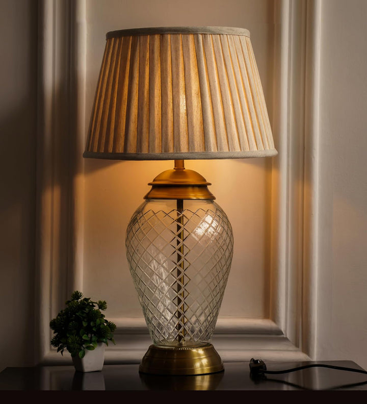 Royal Brass Antique Finish And Diamond Cut Glass Table Lamp 23 Inches Height With Off White Pleated 14 Inches Diameter Lampshade