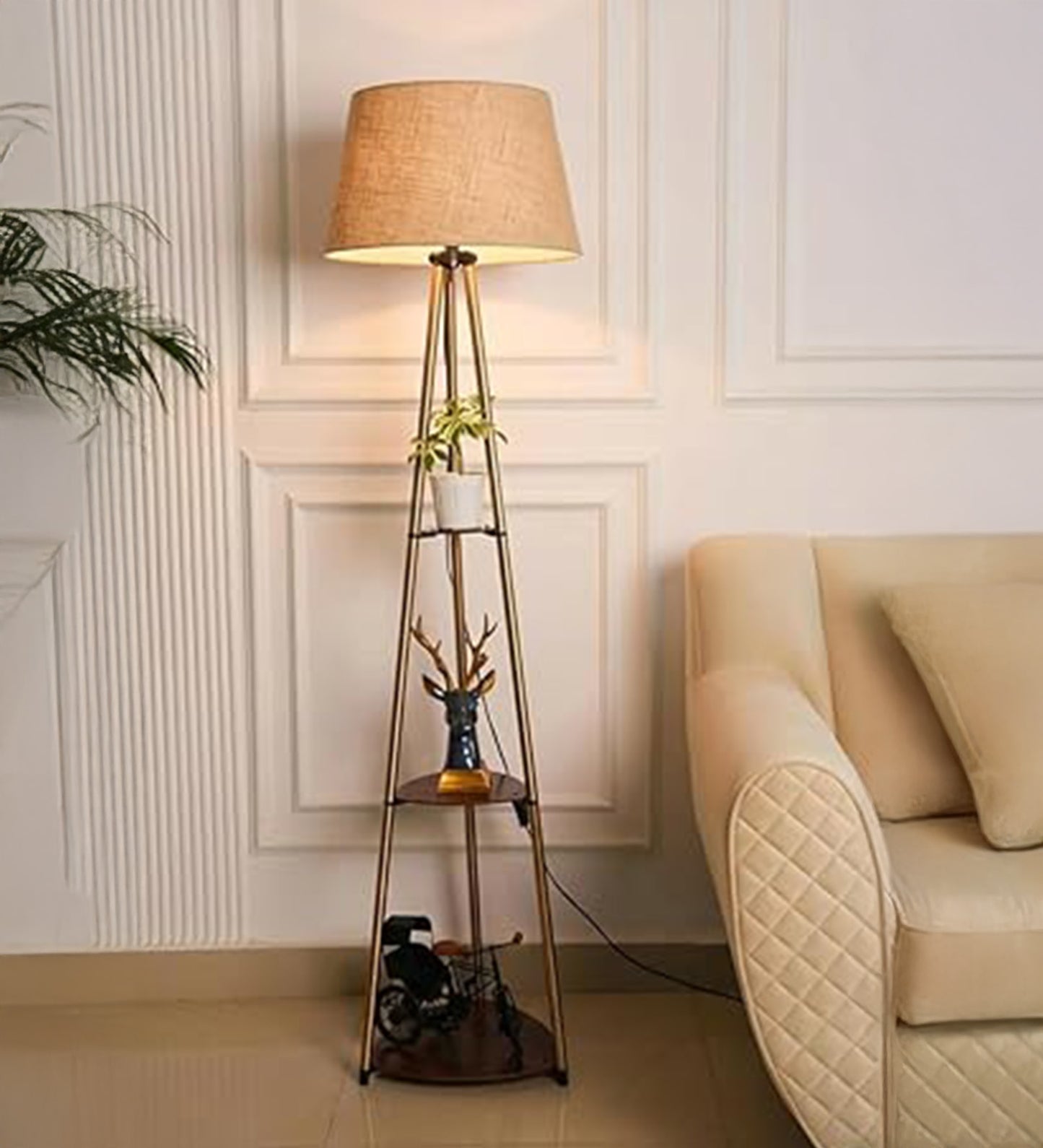 3 Shelf Floor Lamp Antique Brass with Jute Shade