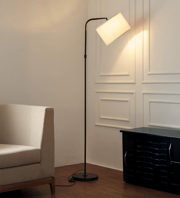 Black Modern Arc Floor Lamp 6Ft Height with 12 inches Off White Drum Lampshade with Adjustable Shade Angle