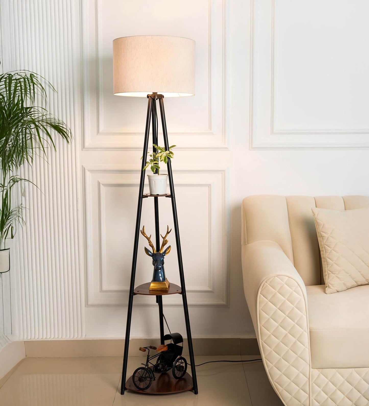 3 Shelf Floor Lamp Black with 14" Drum Shade