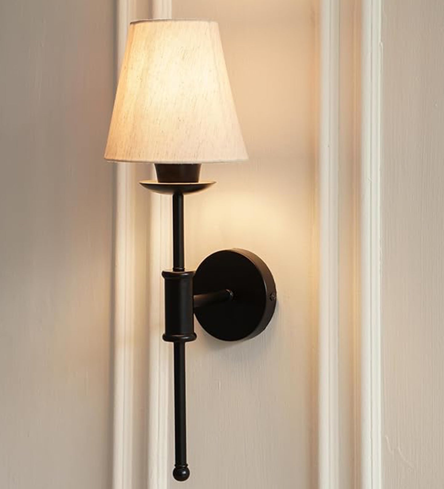 Black Spacer Wall Lamp with Off White Fabric Shade