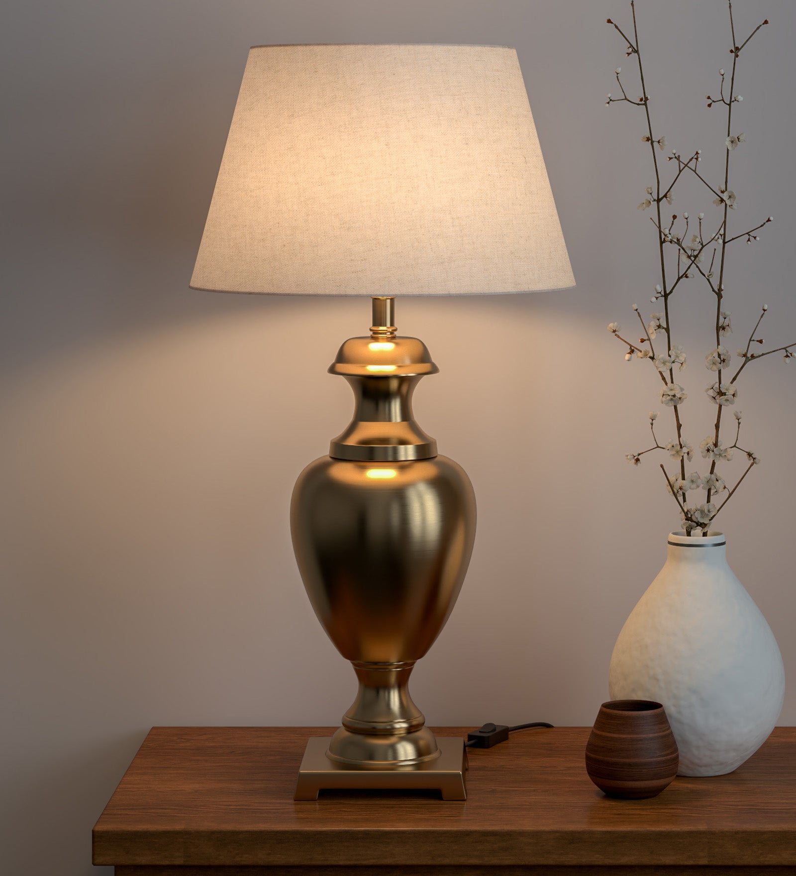 Royal Brass Antique Gold Finish Trophy Table Lamp 27 Inches Height With Off White 14 Inches Diameter Lampshade