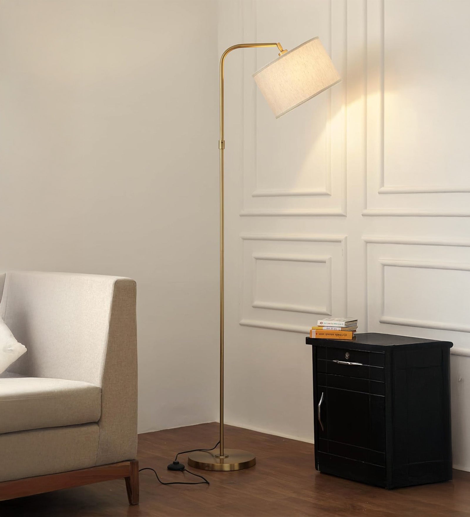 Brass Antique Finish Modern Arc Floor Lamp 6Ft Height with 12 inches Off White Drum Lampshade with Adjustable Shade Angle