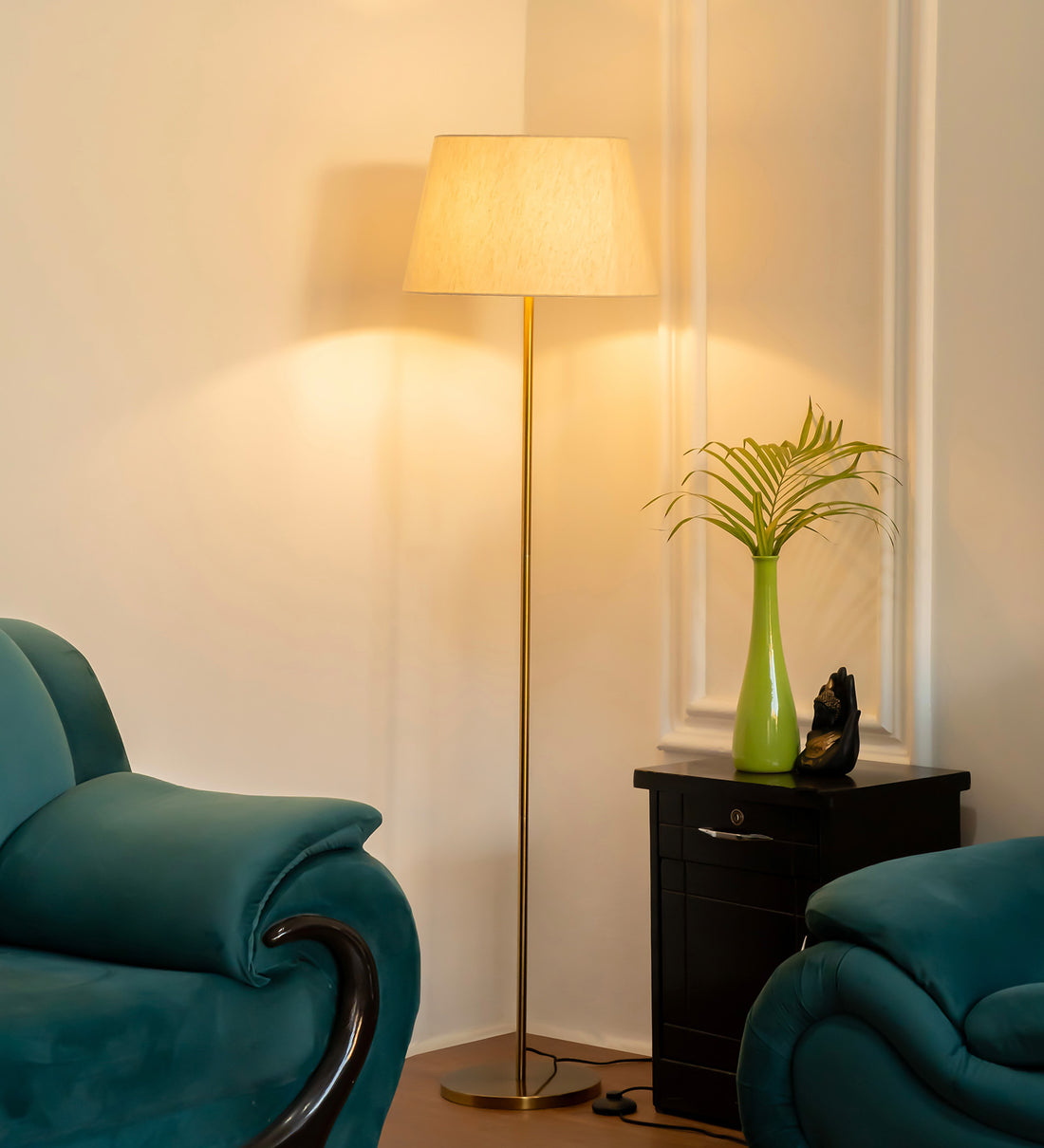 Floor Lamp Standing Modern Brass Antique Finish 5ft Height with 16 inches Off White Lampshade