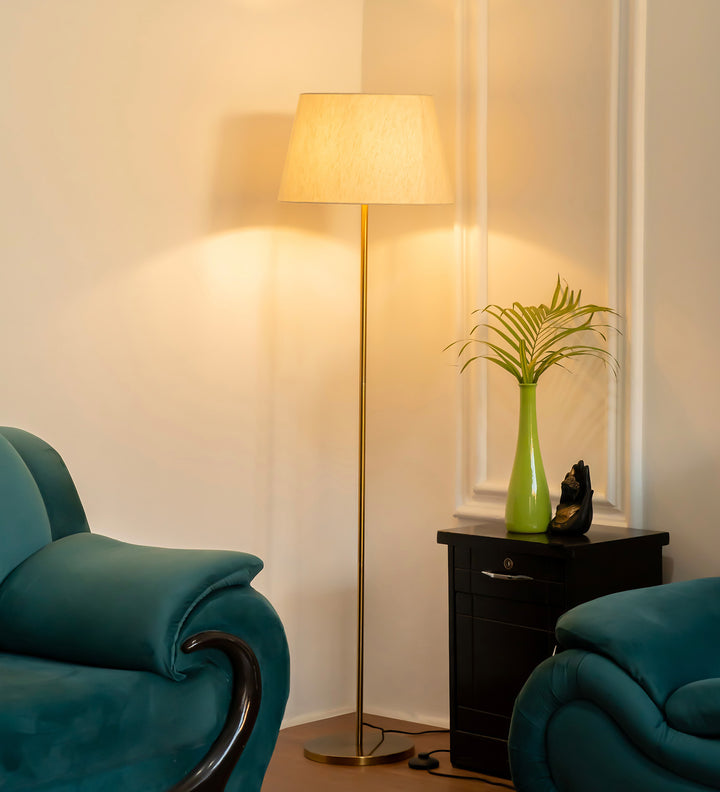 Floor Lamp Standing Modern Brass Antique Finish 5ft Height with 16 inches Off White Lampshade