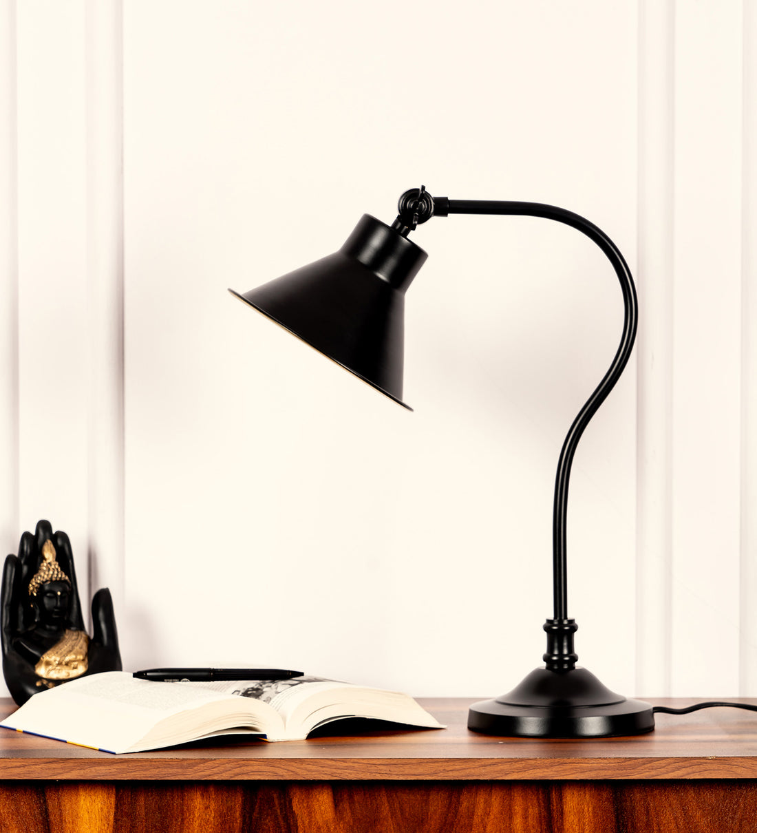 Study Desk Office Reading Curved Black Polished Table Lamp with Adjustable Head Shade
