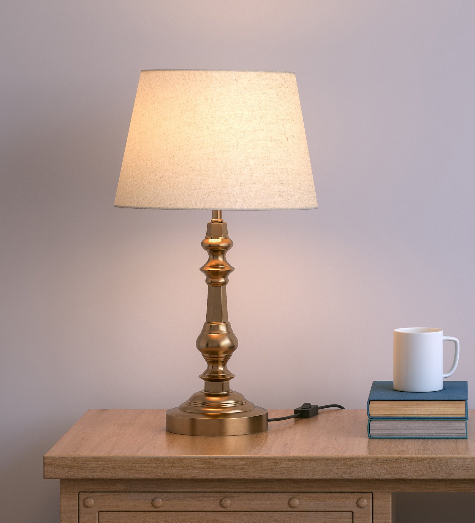 Table Lamp Brass Antique Gold Finish 21 inches Height with Off White 12 inches Diameter Lampshade