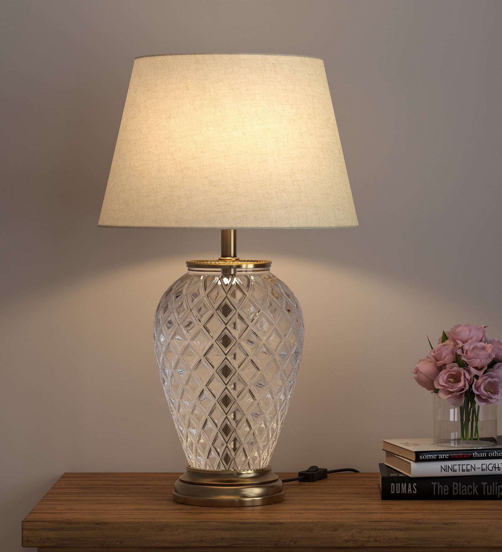Royal Brass Antique Finish And Diamond Cut Glass Table Lamp 23 Inches Height With Off White 14 Inches Diameter Lampshade