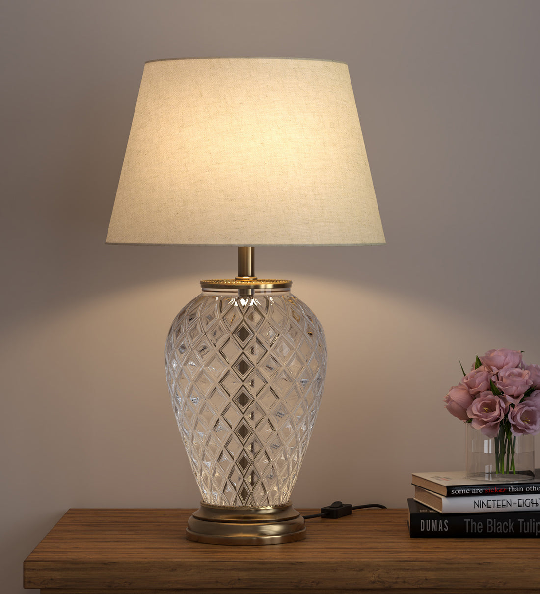 Royal Brass Antique Finish And Diamond Cut Glass Table Lamp 23 Inches Height With Off White 14 Inches Diameter Lampshade