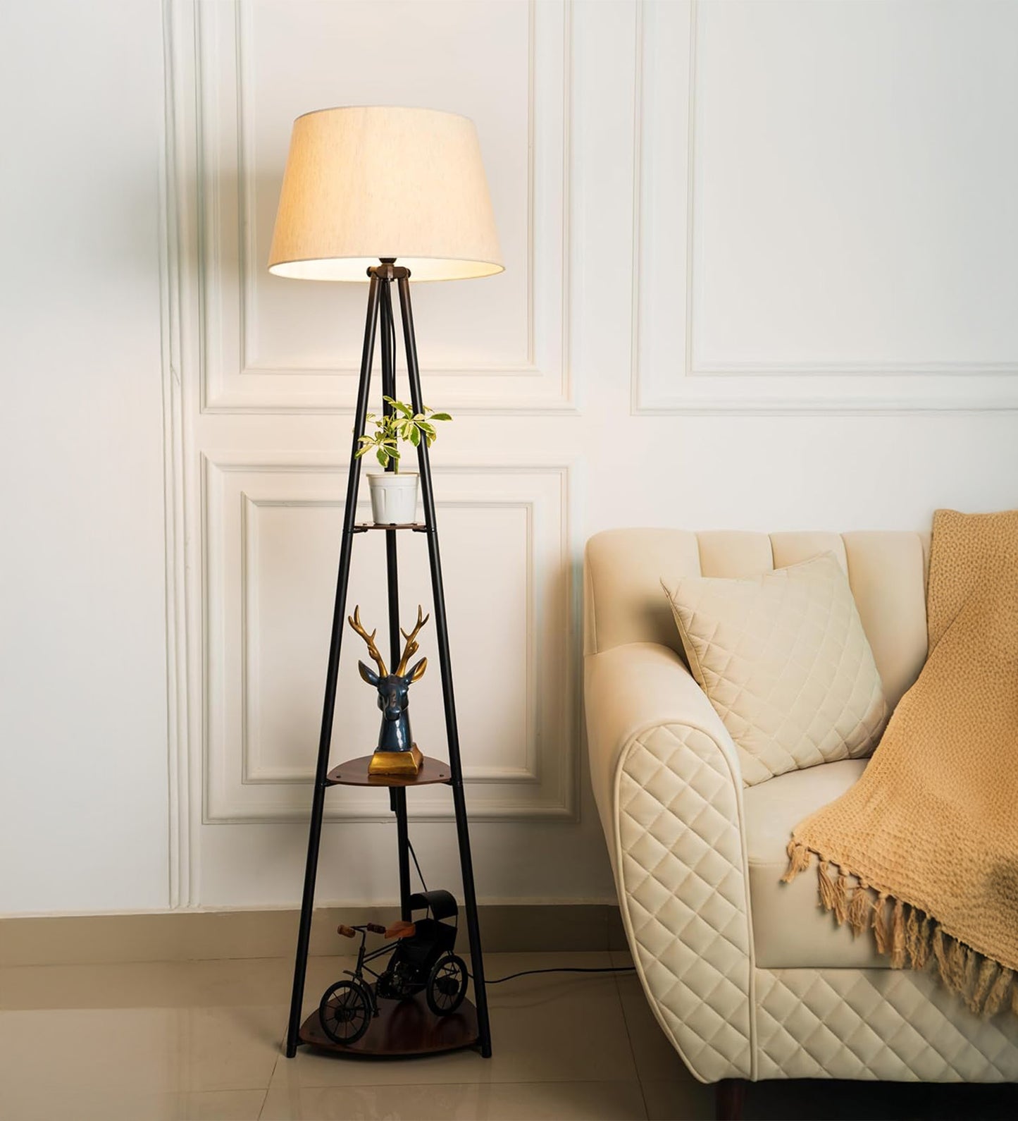 3 Shelf Floor Lamp Black with 16" Off White Shade