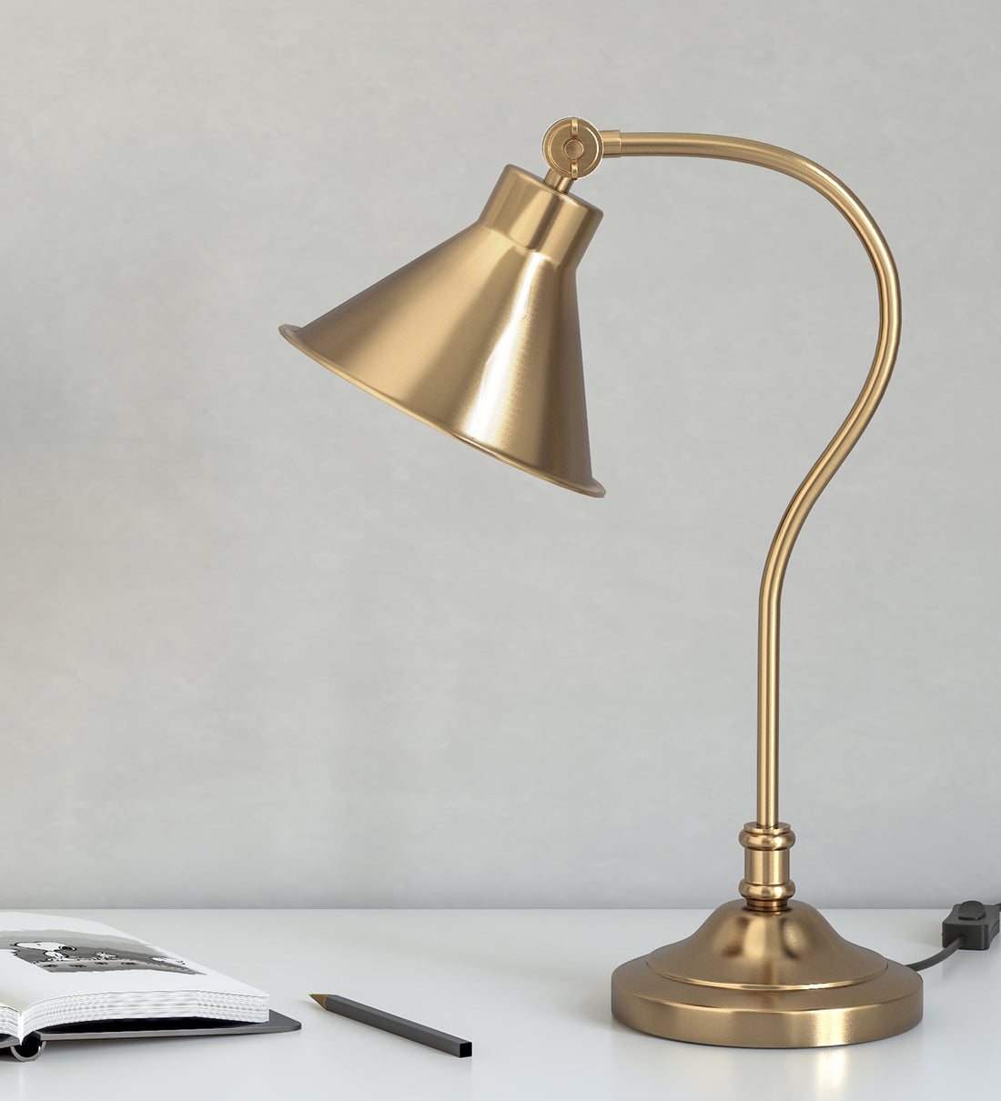 Study Desk Office Reading Curved Table Lamp Brass Antique Finish with Adjustable Head Shade