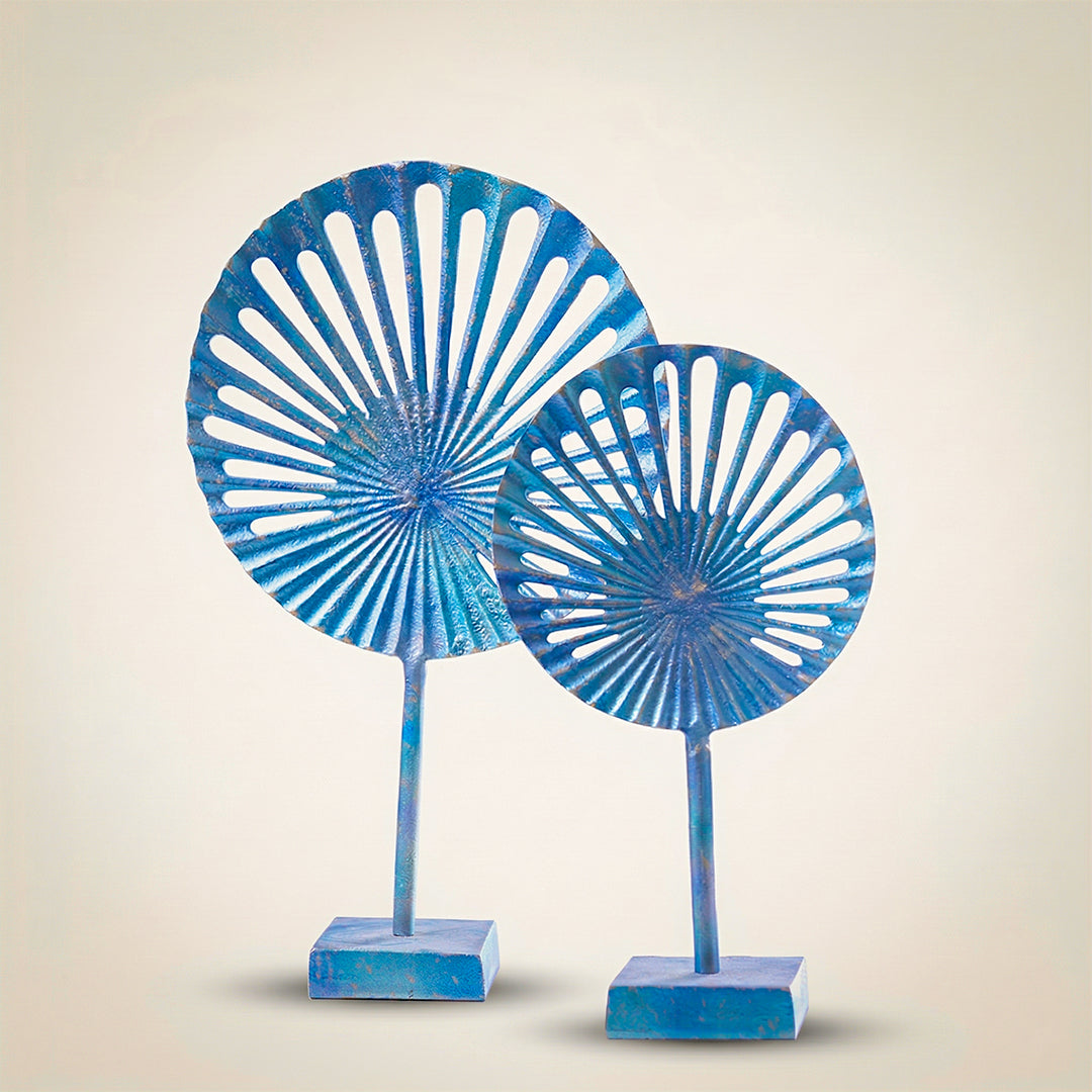 Ocean Mist Blue Sunburst Aluminum Sculpture – Modern Tabletop Decor (Set of 2)
