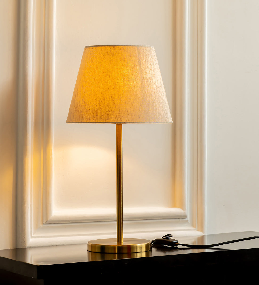 Table Lamp Antique Brass Finish 19 inches Height with 10" Bottom Diamater Off White Tapered Lampshade