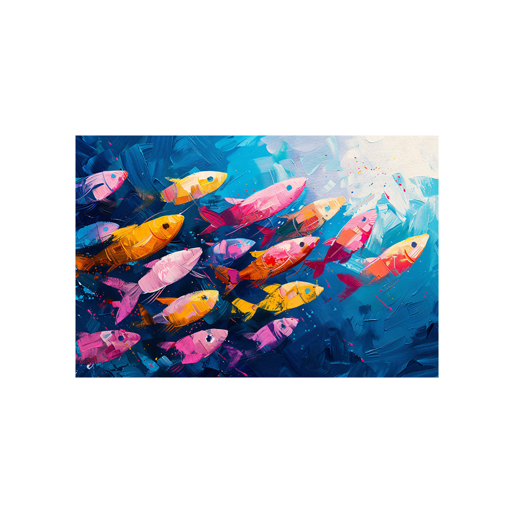 Colorful Fish School Wall Painting | Canvas Wall Art for Living Room, Bedroom & Office
