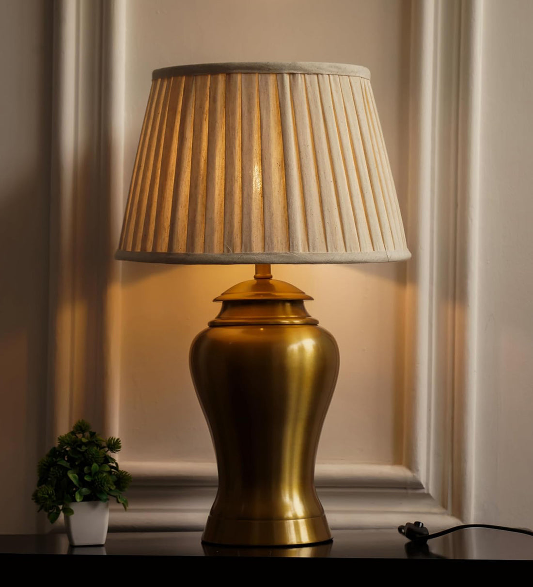 Royal Brass Antique Gold Finish Table Lamp 23 Inches Height With Off White 14 Inches Pleated Diameter Lampshade