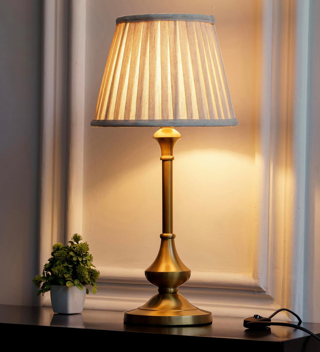 Brass Antique Gold Finish Table Lamp 22 Inches Height with Off White Pleated 10 Inches Diameter Lampshade