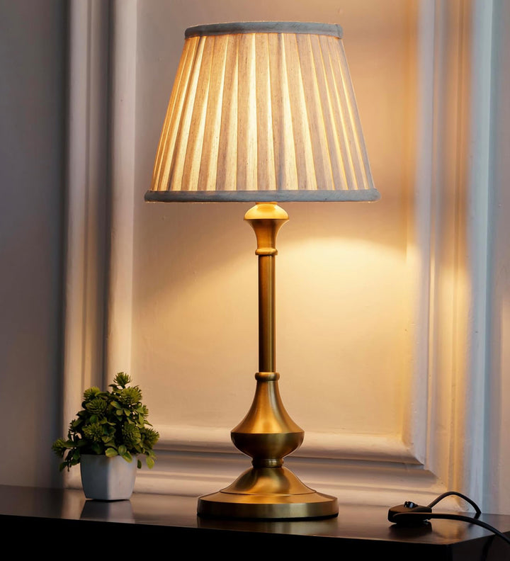 Brass Antique Gold Finish Table Lamp 22 Inches Height with Off White Pleated 10 Inches Diameter Lampshade