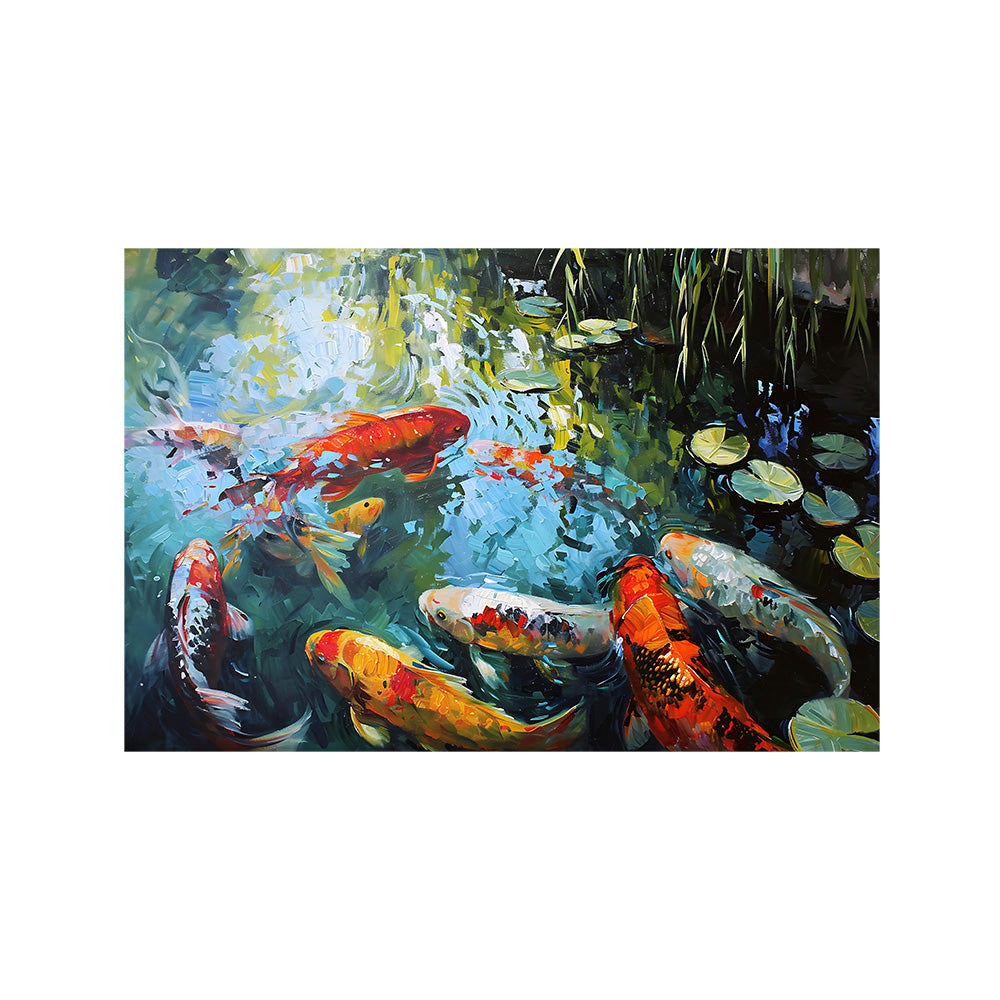 Koi Pond Nature Wall Painting | Canvas Wall Art for Living Room, Bedroom & Office