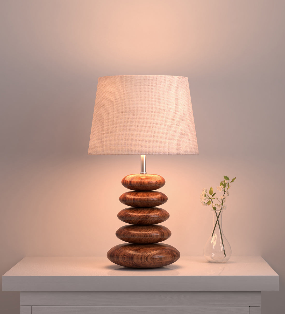 Wooden Pebble Table Lamp 18 Inches Height With 10 Inches Diameter Cream Jute Lamp Shade