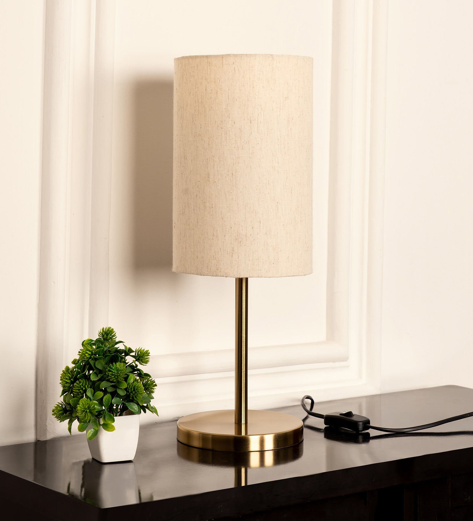 Table Lamp Antique Brass Finish 19 inches Height with Off White Cylinder Lampshade