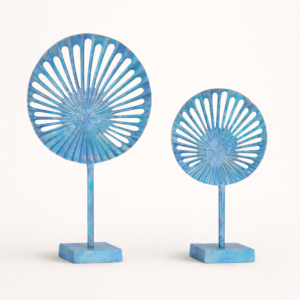Ocean Mist Blue Sunburst Aluminum Sculpture – Modern Tabletop Decor (Set of 2)