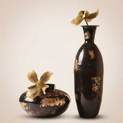24K Gold Platina Iron Vase Set – Black & Gold Luxury Decorative Vases (Set of 2)