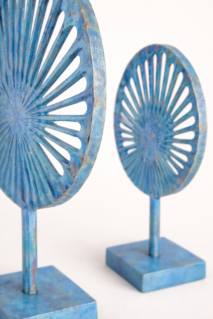 Ocean Mist Blue Sunburst Aluminum Sculpture – Modern Tabletop Decor (Set of 2)