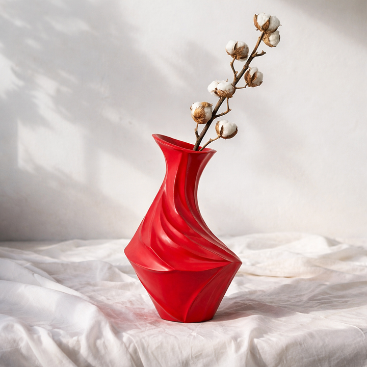 SculptWave Ruby Red Aluminum Decorative Vase – Modern Sculptural Accent