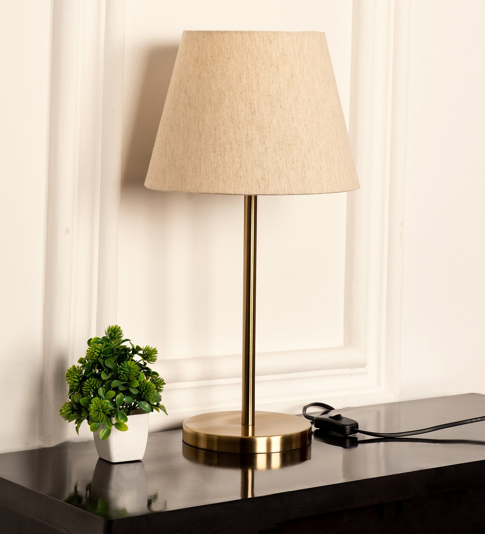 Table Lamp Antique Brass Finish 19 inches Height with 10" Bottom Diamater Off White Tapered Lampshade