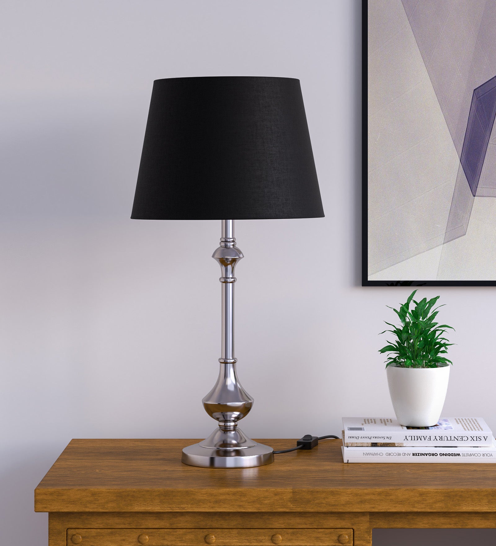 Nickel Silver Finish Aluminium Table Lamp 22 Inches Height with Black 10 inches Diameter Lampshade