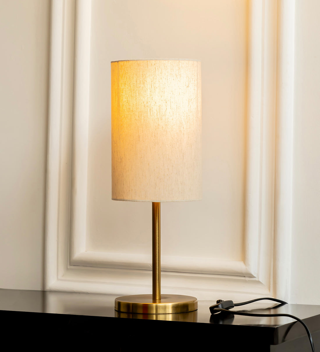 Table Lamp Antique Brass Finish 19 inches Height with Off White Cylinder Lampshade