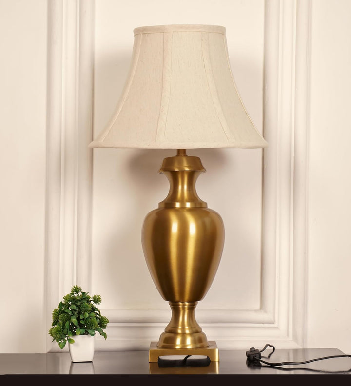 Royal Brass Antique Gold Finish Trophy Table Lamp 27 Inches Height With Off White Bell 14 Inches Diameter Lampshade