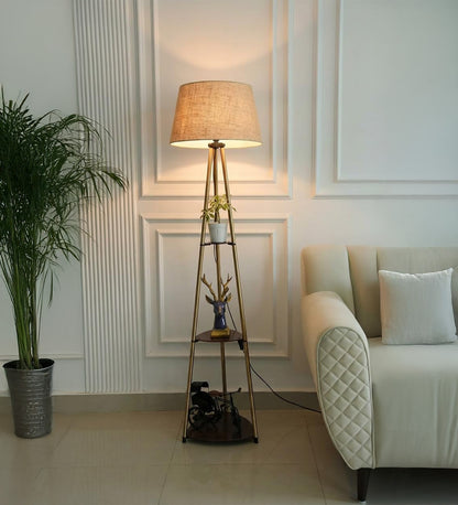 3 Shelf Floor Lamp Antique Brass with Jute Shade