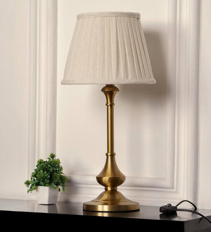 Brass Antique Gold Finish Table Lamp 22 Inches Height with Off White Pleated 10 Inches Diameter Lampshade