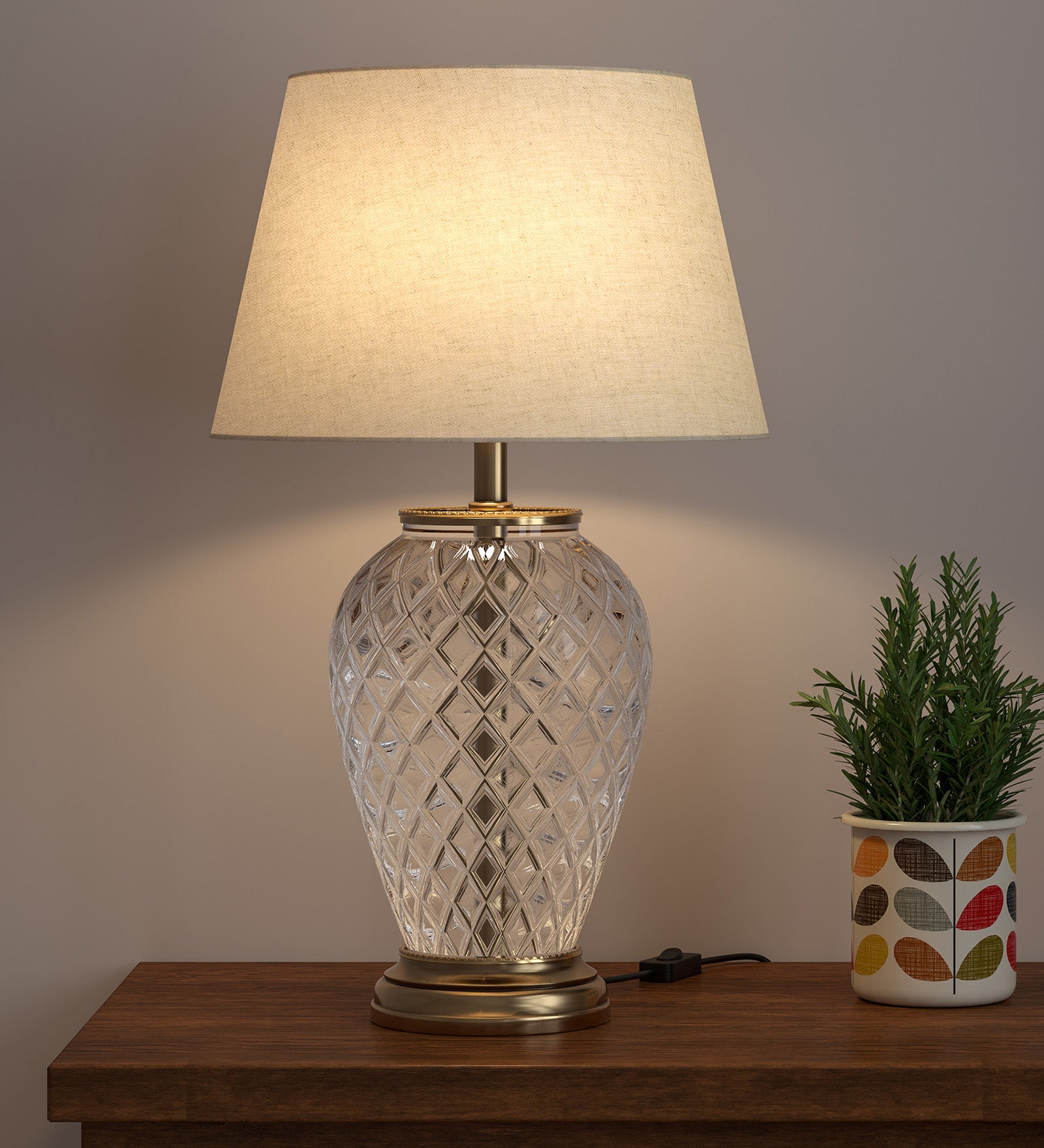 Royal Brass Antique Finish And Diamond Cut Glass Table Lamp 23 Inches Height With Off White 14 Inches Diameter Lampshade