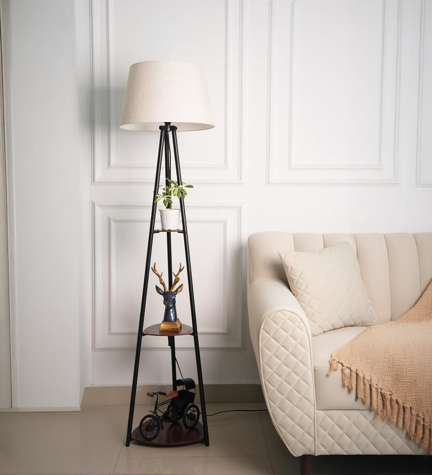 3 Shelf Floor Lamp Black with 16" Off White Shade