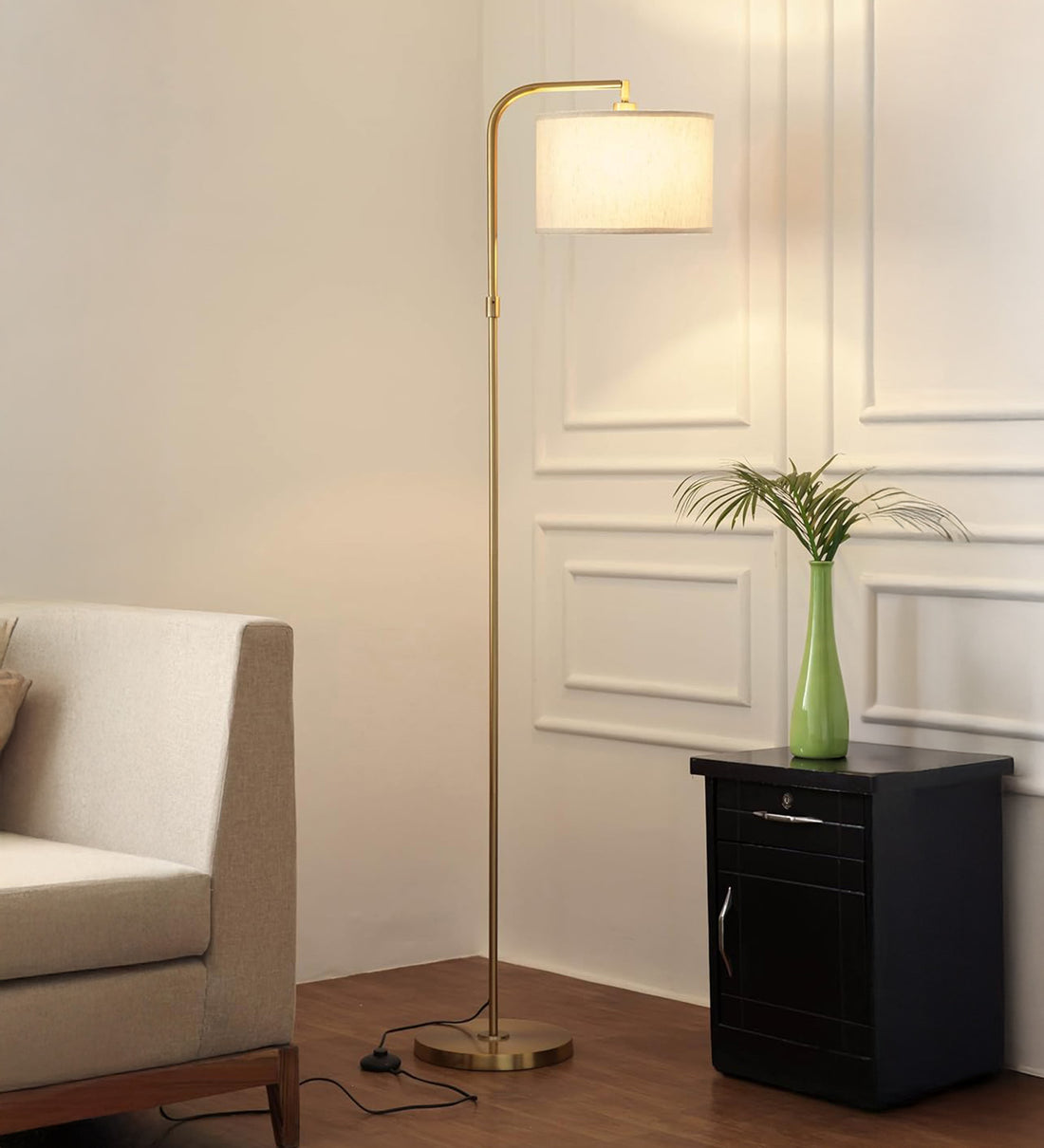 Brass Antique Finish Modern Arc Floor Lamp 6Ft Height with 12 inches Off White Drum Lampshade with Adjustable Shade Angle