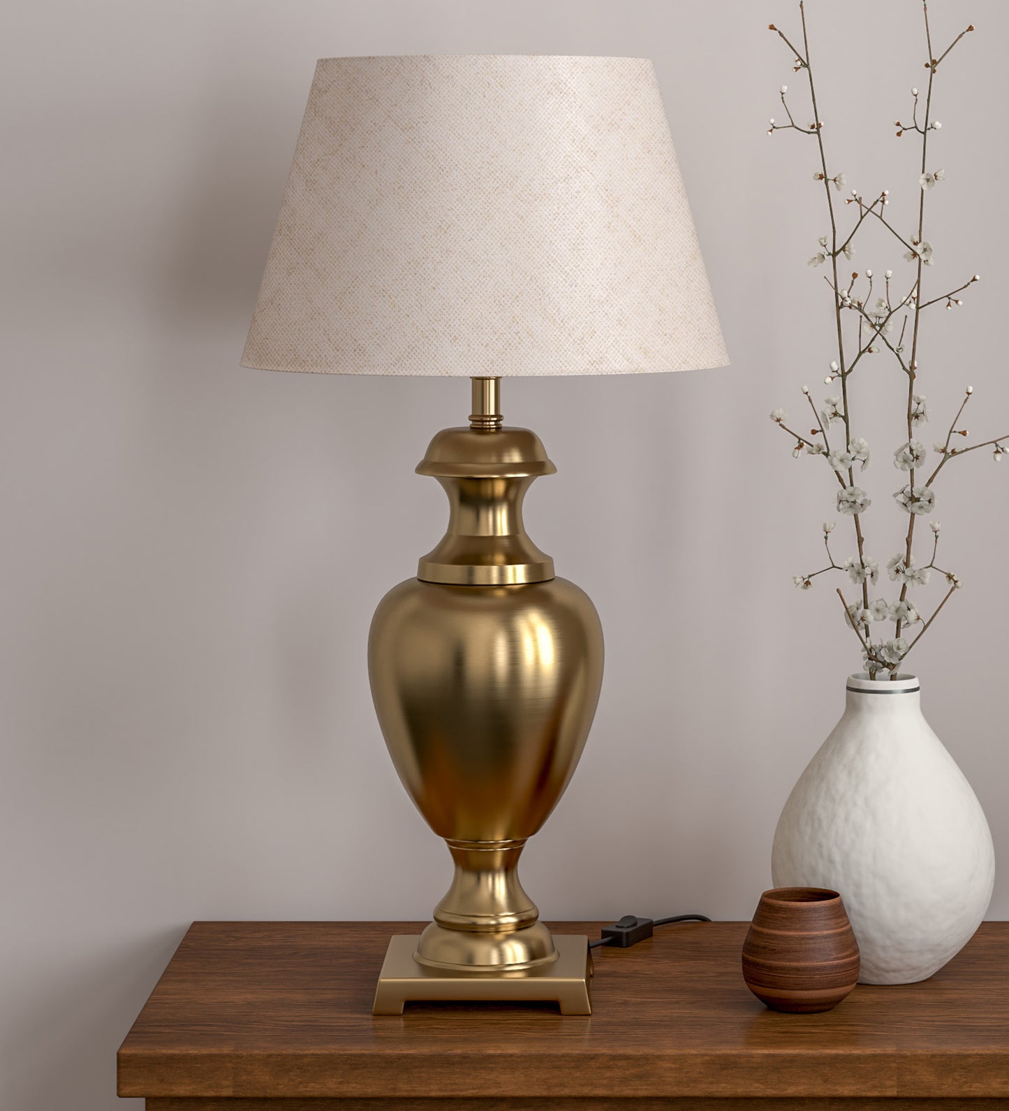 Trophy Brass Table Lamp, Antique Gold (27") – Off-White 14" Shade