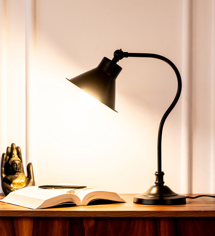 Study Desk Office Reading Curved Black Polished Table Lamp with Adjustable Head Shade